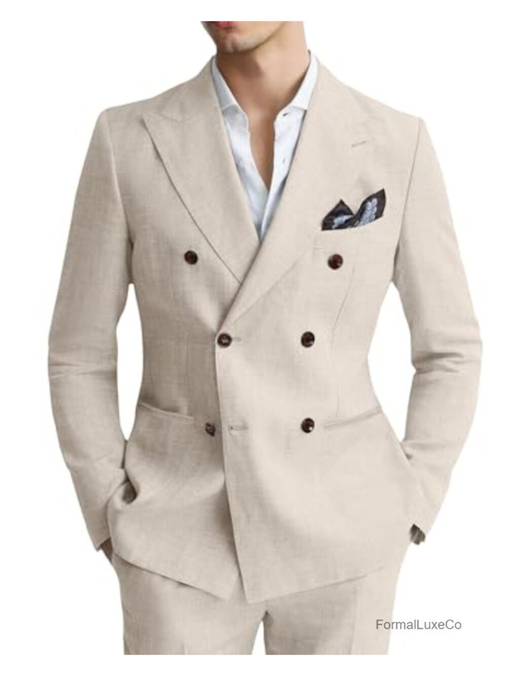 Men's 2-Piece Linen Suit Double Breasted Peak Lapel Wedding Tuxedo